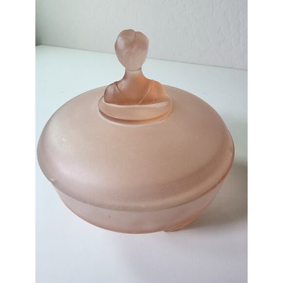 Vintage Frosted Pink Satin Glass Trinket Candy Vanity Dish Powder Box - Picture 4 of 12
